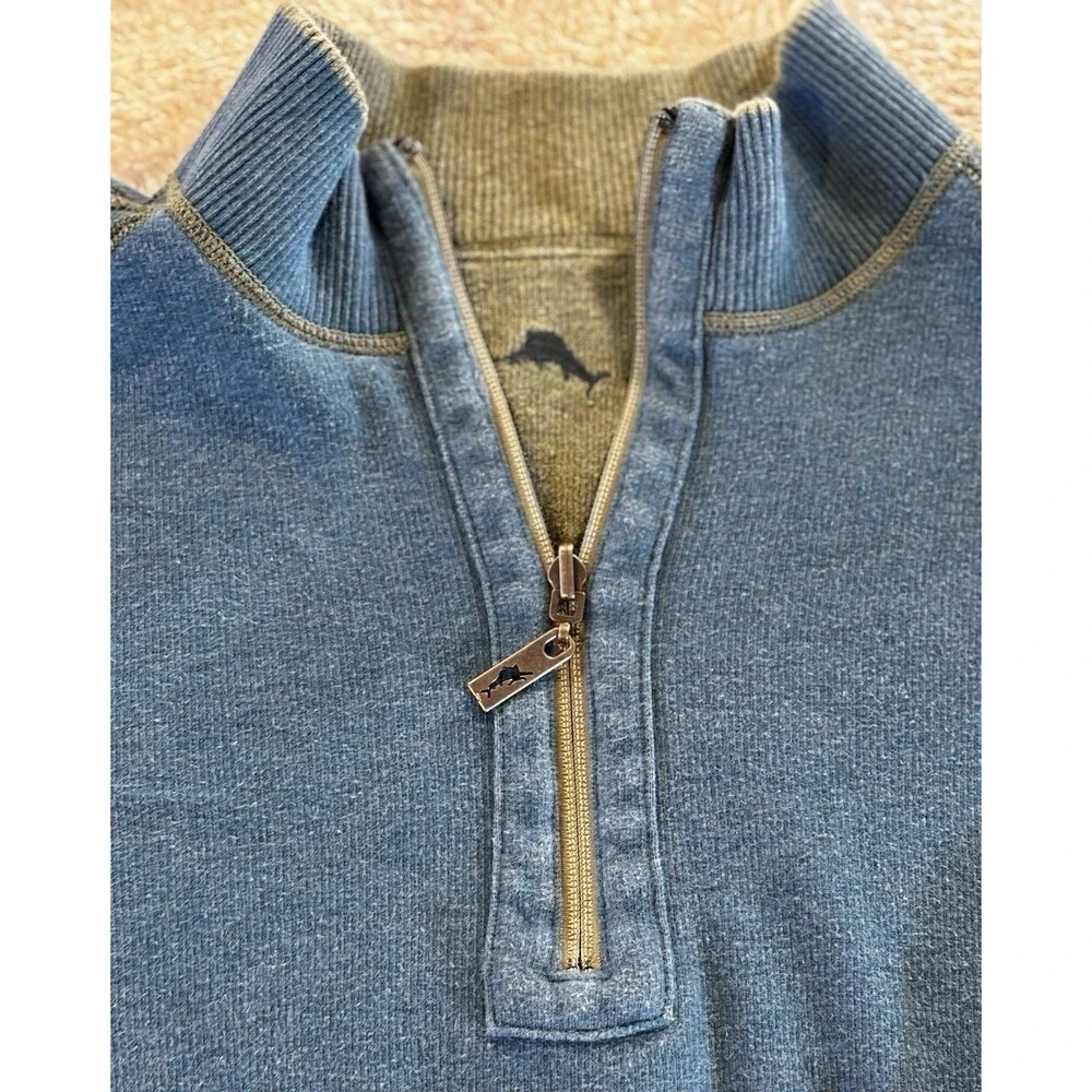 Tommy Bahama Pullover Sweater Mens L Blue Sage Reversible Quarter Zip Mock Neck